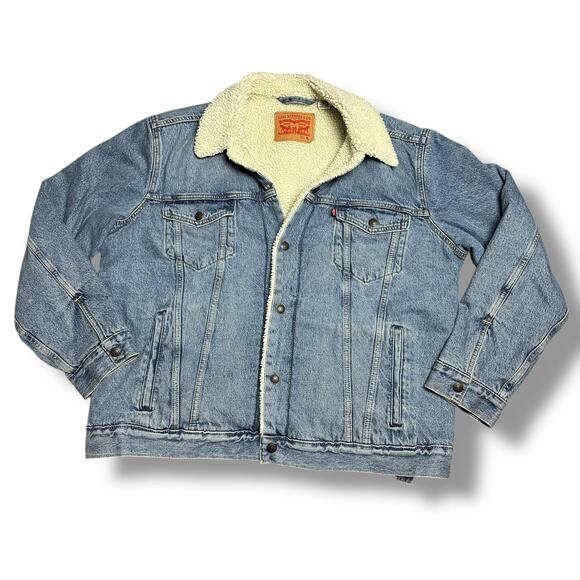 Levi’s Sherpa Lined Denim Trucker Jacket Faded Blue 90s Style Jean Jacket Sz XL - Picture 1 of 9